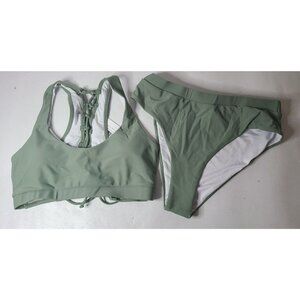 Suzanne Betro Green Lace‎ Up Back Bra Sporty Bikini Swimsuit Set Medium